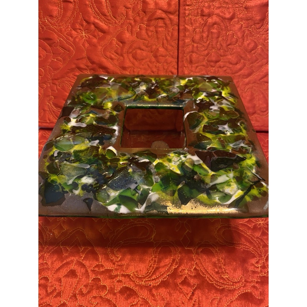 Green Square Fused Art Glass Flower Frog Iridized Glass Large 9" MCM